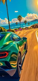 Tropical coastal drive with car and palm trees in vibrant colors.