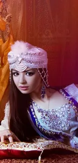 Woman in traditional attire with jewels on richly colored background.