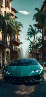 Exotic green sports car in tropical setting with palm trees