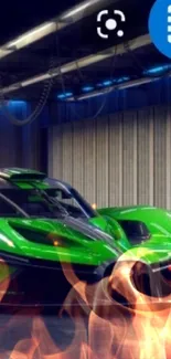 Two green supercars parked in a modern garage.