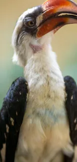 Close-up of a hornbill bird with an impressive beak and plumage.