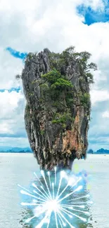 Island rock on water with blue sky and clouds in tropical setting.