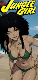 Anime girl on a tropical beach in green bikini.