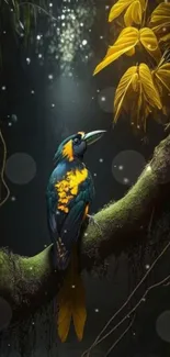 Exotic bird perched in lush jungle with golden leaves and green background.