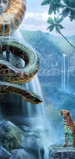 Leopard and snake by jungle waterfall in vibrant scene.