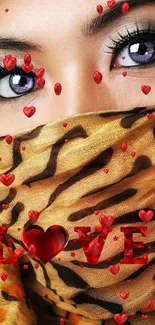 Exotic eyes with leopard print and hearts mobile wallpaper.