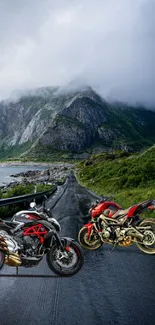 Two exotic motorbikes on a winding mountain road with scenic views.