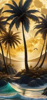 Silhouetted palms against a golden full moon and blue ocean.