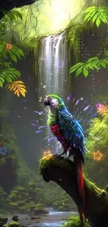 Vibrant parrot perched in green jungle with waterfall backdrop.