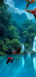 Colorful parrots flying over a serene tropical waterfall scene.