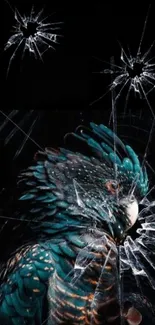 Exotic parrot with shattered glass effect on dark mobile wallpaper.