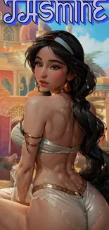 Animated exotic princess in desert scene wallpaper.