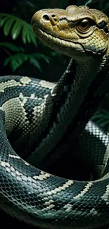 A detailed jungle graphic with a coiled python in natural hues.