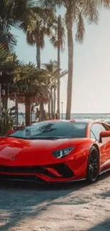 Red exotic car parked by beach palm trees.