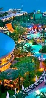 Tropical resort nightscape with vibrant pools and lush greenery.