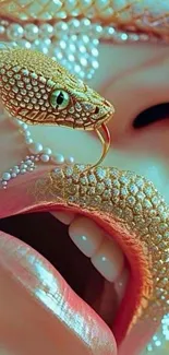 Close-up of a snake on a woman's face adorned with pearls.