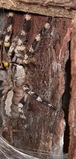 Exotic spider resting on textured tree bark.