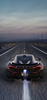 Exotic supercar speeding down highway at twilight.