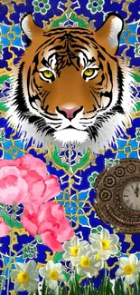 Decorative wallpaper with tiger, florals, and clock.