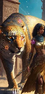 Exotic warrior woman and leopard in golden sunlight.