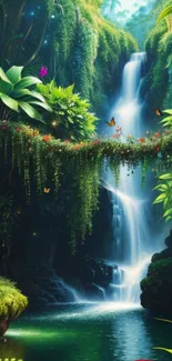 Exotic jungle waterfall with vibrant greenery and butterflies.