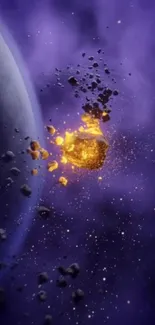 Exploding asteroid in purple galaxy wallpaper.