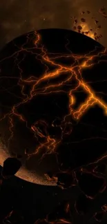 Exploding planet with fiery cracks and debris in outer space.