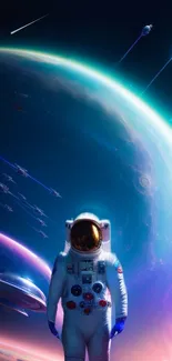 Astronaut standing on a vibrant planet with celestial bodies and space elements.