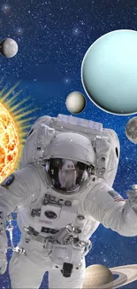 Astronaut floating among planets and stars in space.