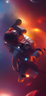 Astronaut floating in colorful cosmic scene, surrounded by nebulae and distant planets.