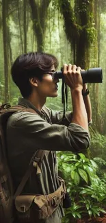 Explorer in a lush jungle with binoculars and backpack.