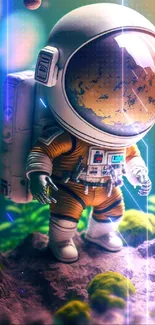 Astronaut exploring a colorful alien landscape on a mobile wallpaper.