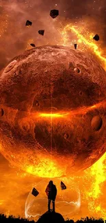 Explosive fiery planet with asteroids in space scene wallpaper.