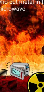 Humorous explosion with microwave elements and fiery background image.