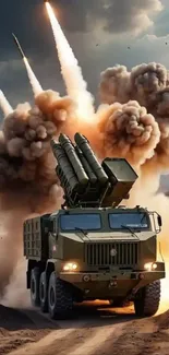 Military vehicle with missiles amid explosion and smoke.
