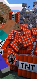 Minecraft scene with TNT explosion and pixelated character in action.