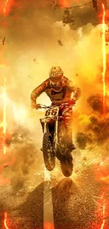 Motocross rider in dramatic fiery explosion scene.