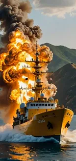 Naval ship explosion with fiery clouds and mountain backdrop.