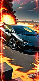 Black supercar racing amidst explosions on an open road.