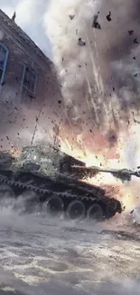 Explosive tank battle scene wallpaper with smoky background.