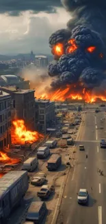 Urban explosion with fire and smoke engulfing the city streets.