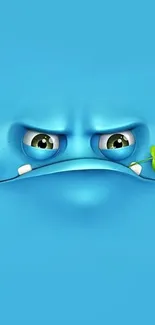 Expressive cartoon face with blue background and green plant detail.