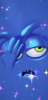 Expressive cartoon face on blue background with green eyes.