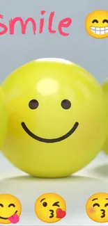 Yellow emoji balls with varied expressions and the word 'smile' above.