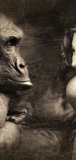 Monochrome wallpaper of a woman and gorilla expressing connection.