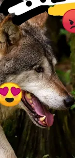 Wolf with expressive emojis on a lush, green forest backdrop.