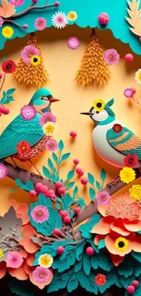 Papercut style birds on a floral branch, vibrant and colorful.