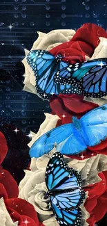 Blue butterflies on red and white roses in a vibrant design.