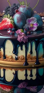 Elegant cake with dark chocolate and fruit decoration.