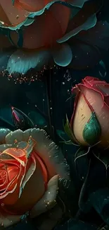 Dark roses with water droplets in mystical light.